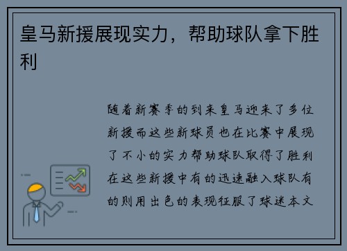 皇马新援展现实力，帮助球队拿下胜利