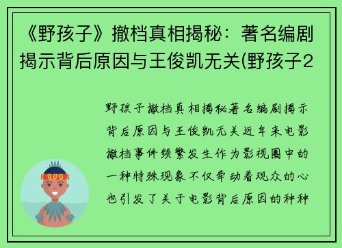 《野孩子》撤档真相揭秘：著名编剧揭示背后原因与王俊凯无关(野孩子2020巡演)